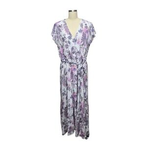 Lane Bryant Floral Maxi Dress Wrap V Neck Short Sleeve Belted White Pink Size 16